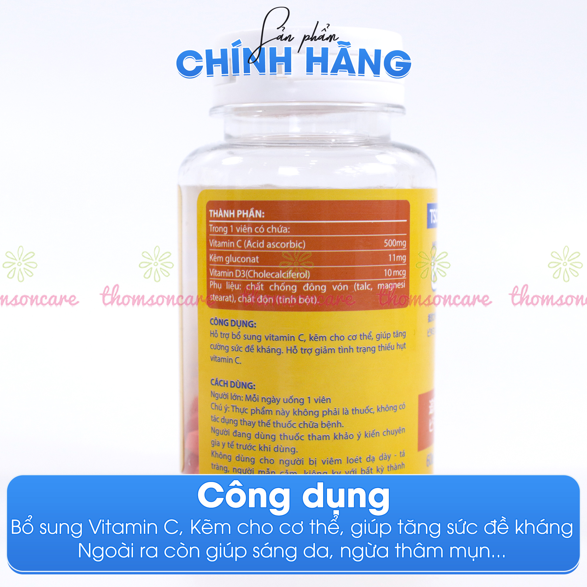 Vitamin C có kẽm Mediusa giúp trắng da, ngừa mụn, tăng đề kháng- Bổ sung vtm C - Hộp 60v Thomsoncare