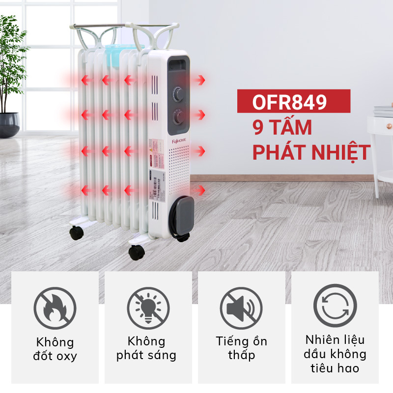 Máy sưởi dầu không khô da 9 thanh CN Nhật Bản FUJIHOME OH849, máy sưởi ấm điện không đốt oxi, tự động ngắt an toàn tiết kiệm điện - Hàng Chính hãng