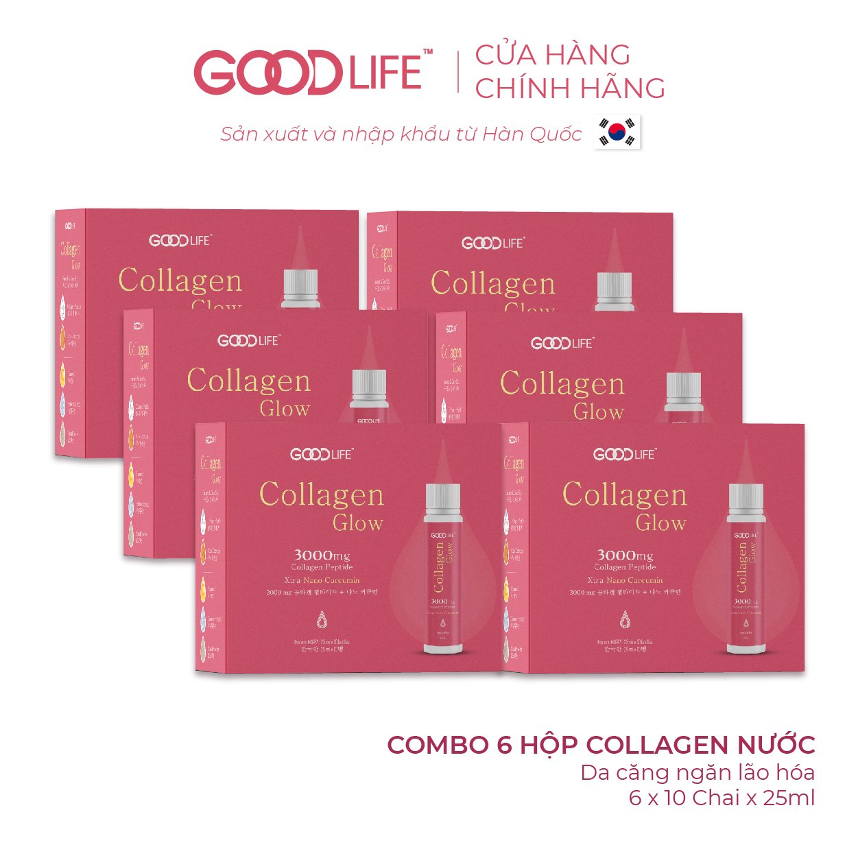 Combo 6 hộp nước uống GOODLIFE COLLAGEN GLOW 300mg - kết hợp độc đáo Nano Curcumin (tinh bột nghệ) và Vitamin C (hộp 10 ống)