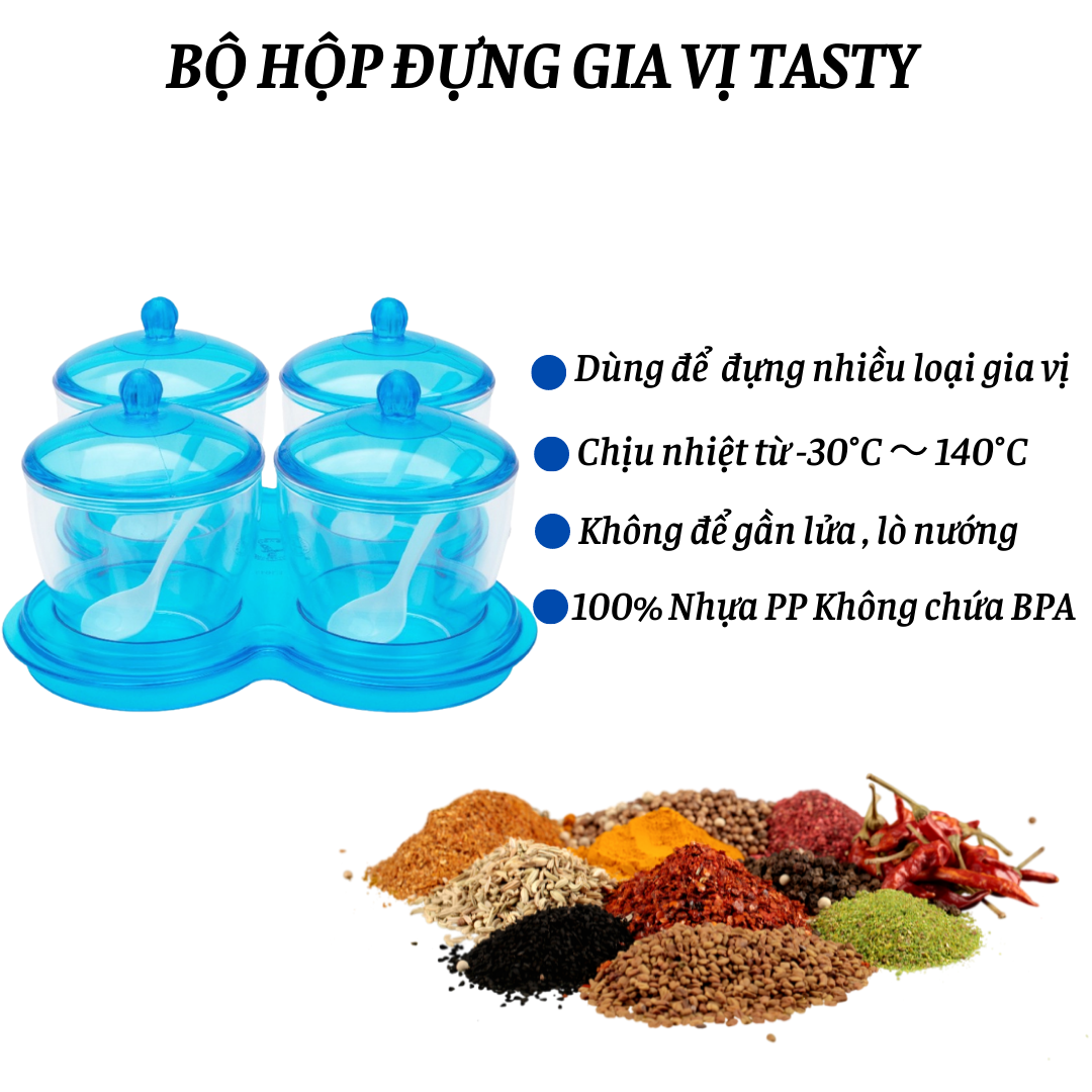 Bộ hộp nhựa Tasty đựng gia vị kèm muỗng múc dung tích 250ml chất liệu dày dặn thương hiệu Đại Đồng Tiến