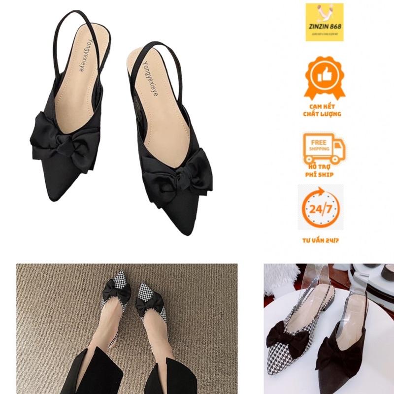 Giày sandal mũi nhọn nơ xinh đế 2cm chất vải lụa( dép hậu lụa