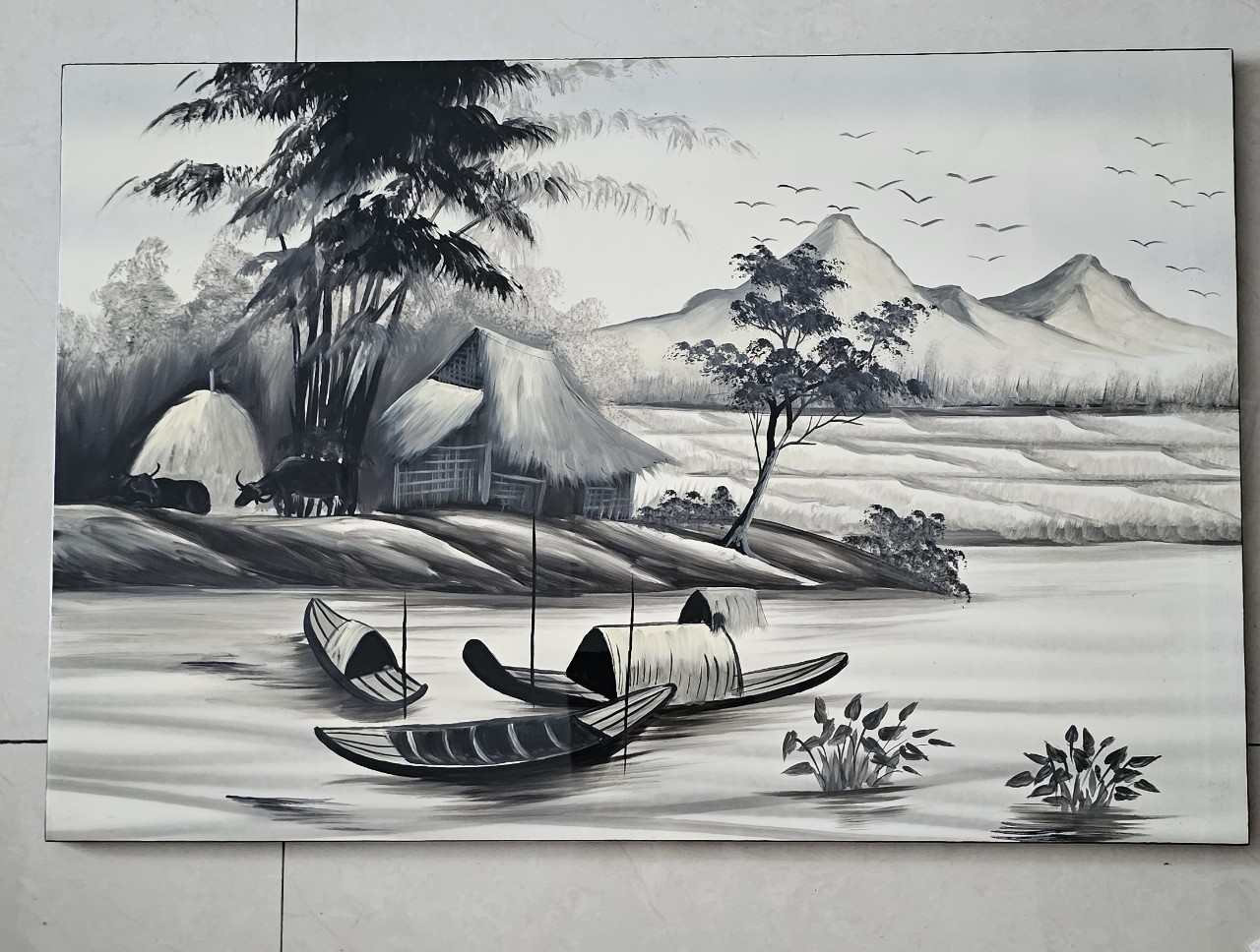 Tranh sơn mài đồng quê vẽ màu Thanh Bình Lê 40x60 cm