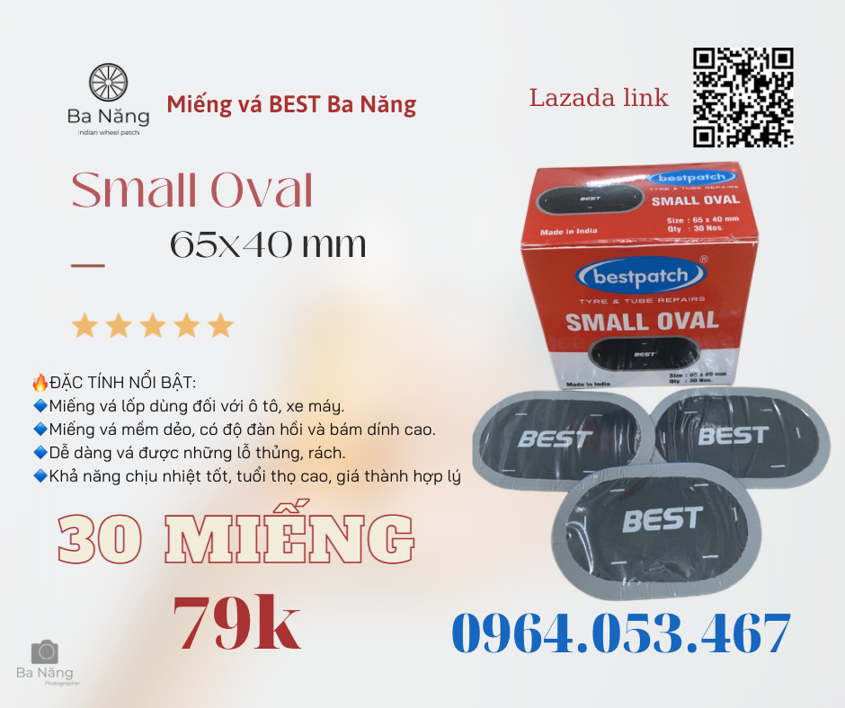 Miếng vá vỏ săm lốp xe máy, ôtô BEST hình Oval - 65x40mm
