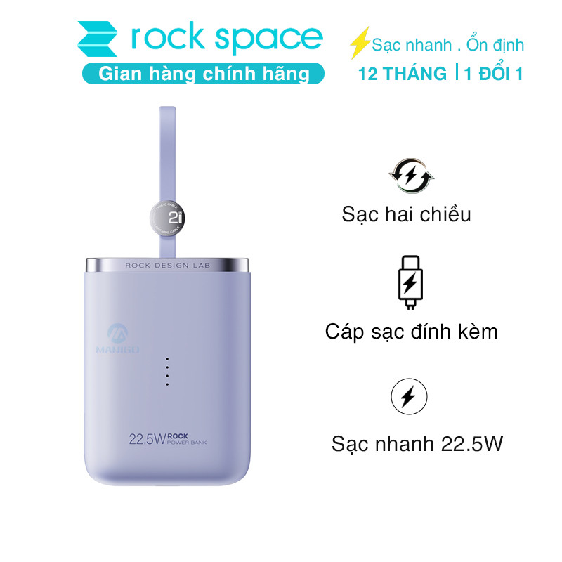 Pin dự phòng mini tích hợp dây sạc Rockspace Powersack 10000mAh sạc nhanh 22.5w hàng chính hãng có bảo hành