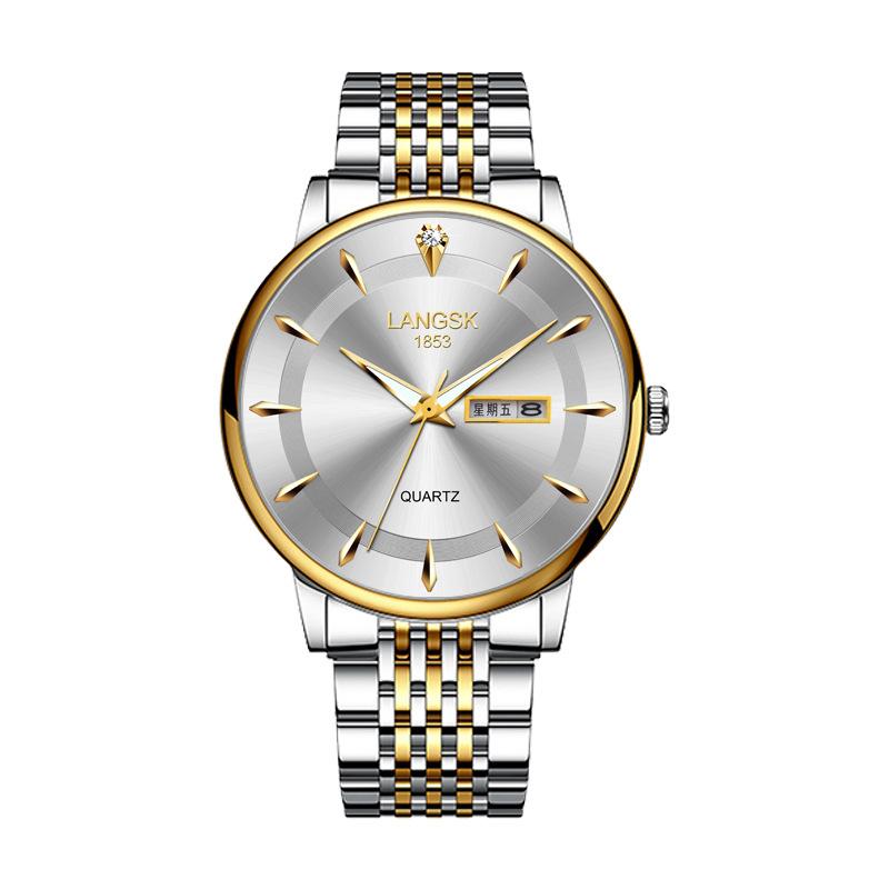 Phong cách mới nhất Lang Shi Kai đồng hồ nam mới chống thấm nước dạ quang lịch đôi phiên bản Hàn Quốc của đồng hồ thạch anh dây thép nam