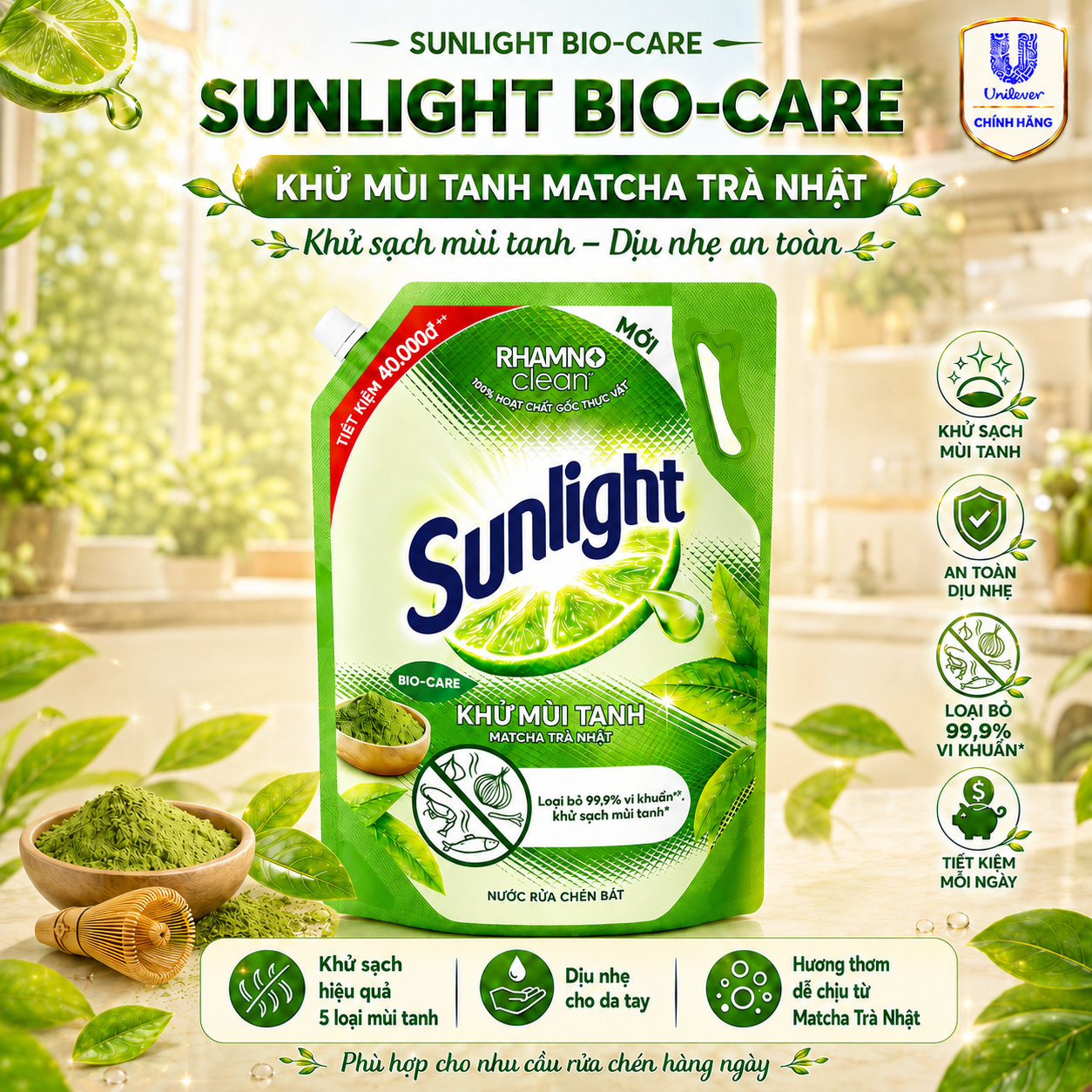 Nước Rửa Chén Sunlight Bio-Care Matcha Trà Nhật, Khử Mùi Tanh Sạch Dầu Mỡ, Túi/Can 3.3kg/3.6kg