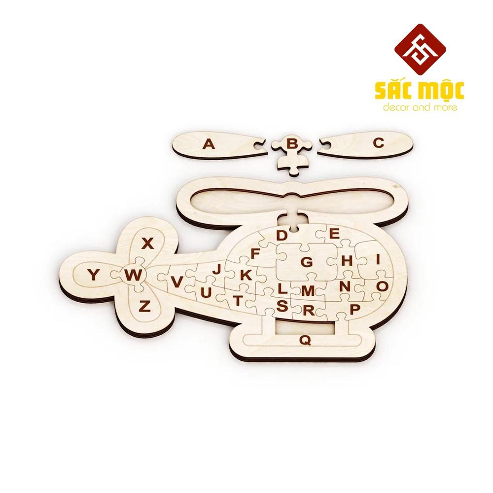 Bảng Ghép Chữ Cái #24 Hình Máy Bay Trực Thăng Cho Bé 1 2 3 Tuổi Bằng Gỗ | Bảng Ghép Hình Tô Màu Size 250*160 *6 mm