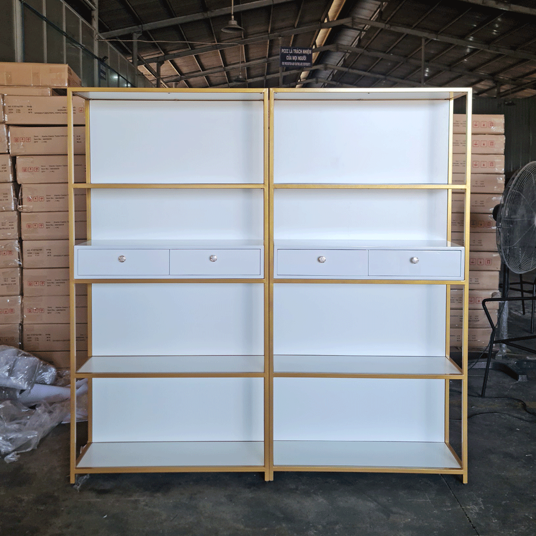 Kệ trưng bày trang trí 2 ngăn kéo trắng IBIE AK020 mặt gỗ, khung sắt sơn tĩnh điện, tùy chọn kích thước, màu sắc