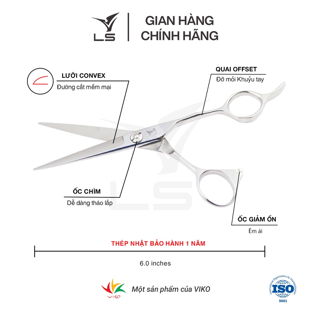 Kéo cắt tóc VLS lưỡi thẳng quai offset vênh đỡ ngón cố định JP602