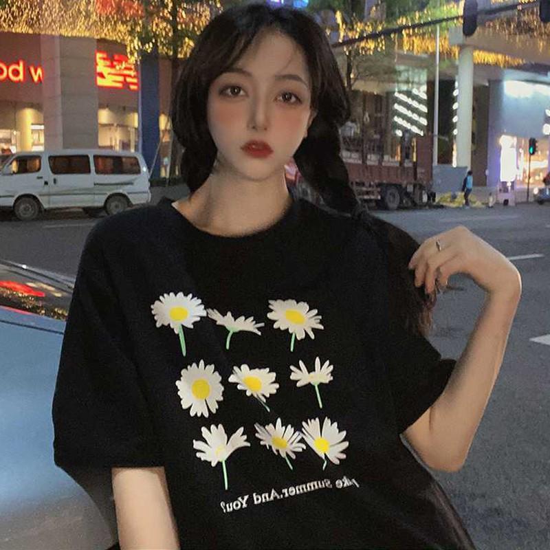 Áo Thun Tay Ngắn Cổ Tròn Hoạ Tiết Hoa Thiết Kế Dáng Rộng Thoải Mái