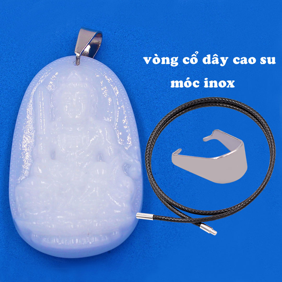 Mặt Phật Văn thù đá thạch anh trắng 5 cm kèm móc và vòng cổ dây cao su, Mặt Phật bản mệnh size L, mặt dây chuyền Phật