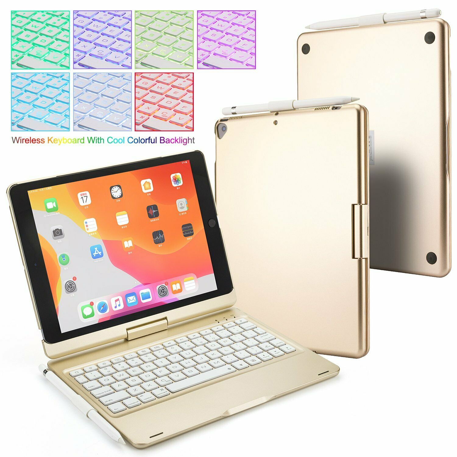 Bàn phím cho ipad 10.2 inch xoay 360 độ 7 màu đèn cá tính - Bàn phím nhạy, tắt mở màn hình - Chính hãng PKCB