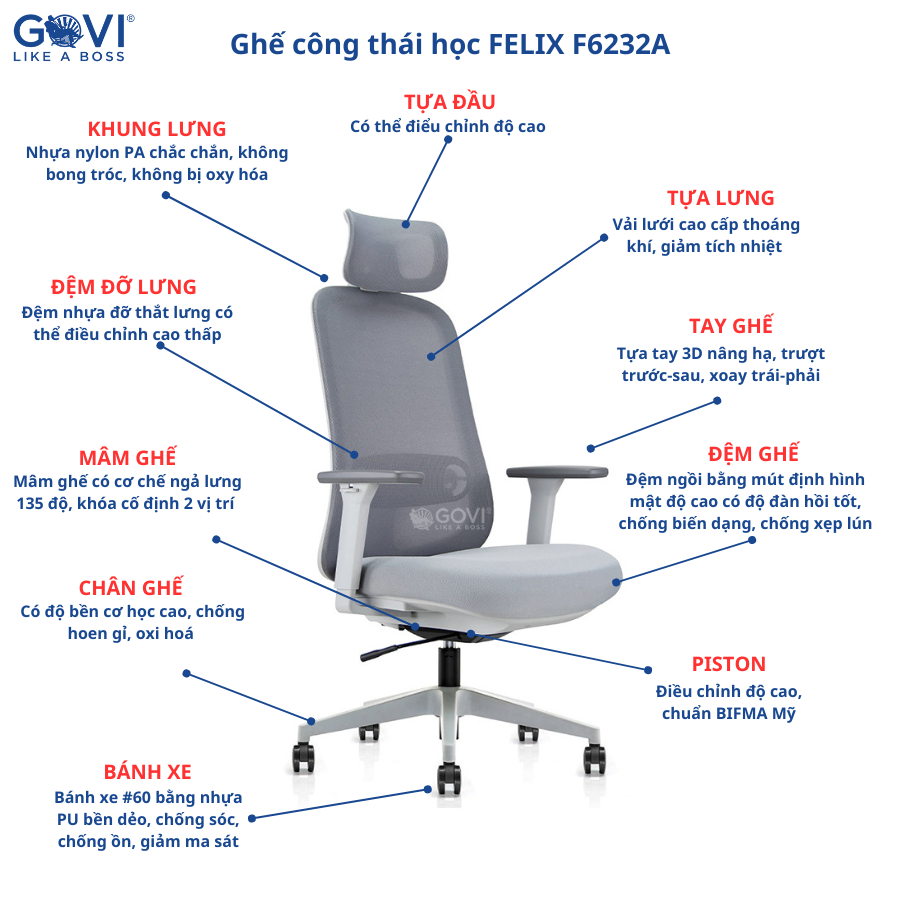 Ghế công thái học GOVI Ergonomic Felix F6232A-HS Thiết kế bảo vệ sức khỏe