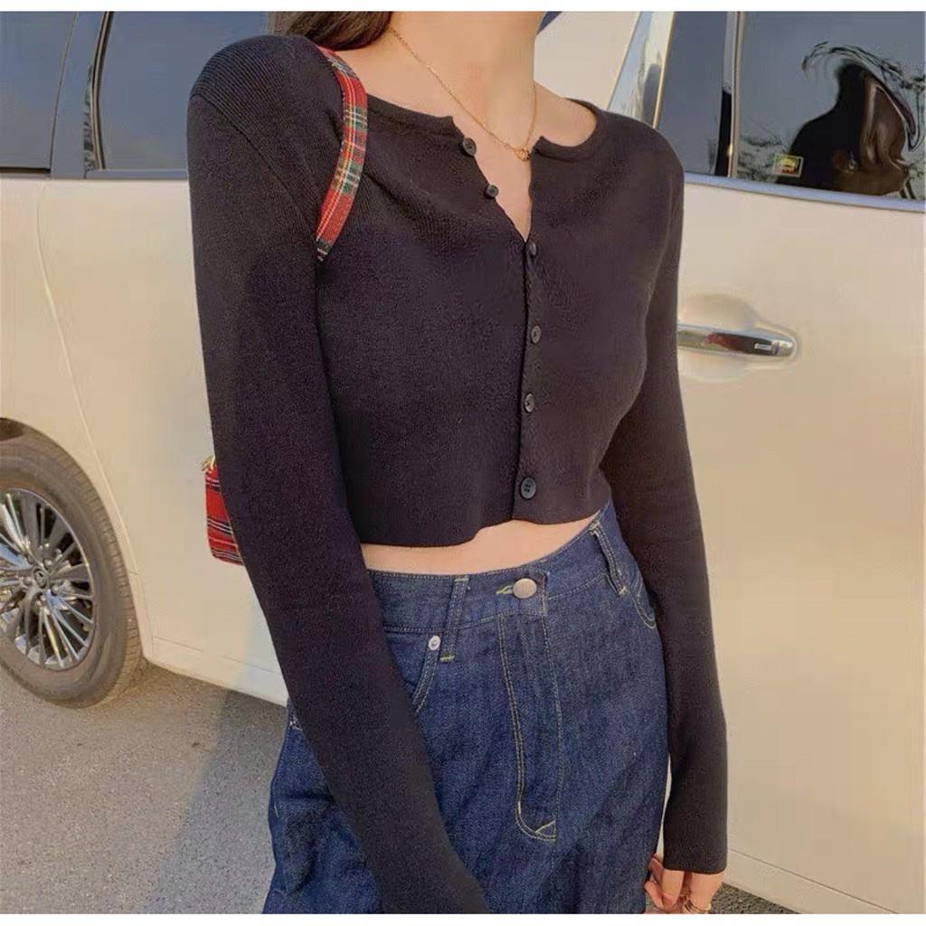 ÁO CROPTOP BORIP TAY DÀI GÀI NÚT CỔ TIM ÔM BODY CO GIÃN - ÁO THUN CRT TRƠN BASIC ULZZANG CÁ TÍNH BLUE TÍM 31