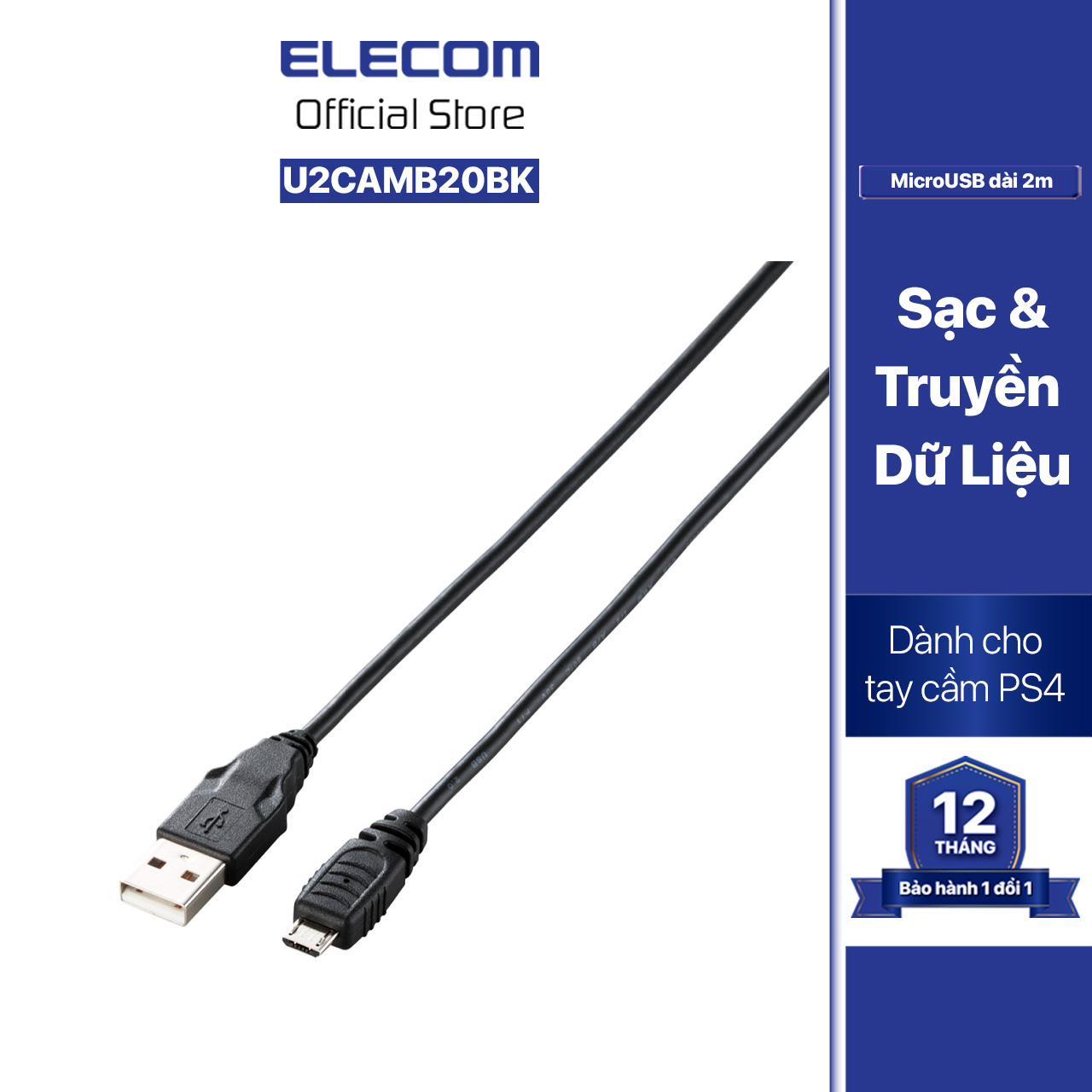 Cáp microUSB (A-microB), 2.0m PS4 ELECOM GM-U2CAMB20BK - Hàng chính hãng