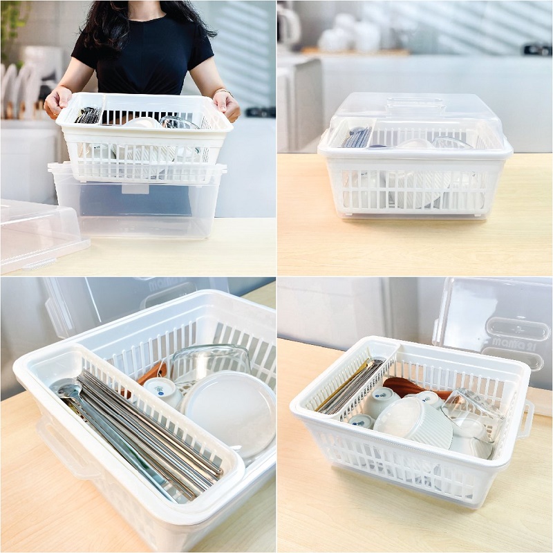 Combo khay bảo quản bát, đĩa có nắp đậy an toàn Inomata - Hàng nội địa Nhật Bản (#Made in Japan)
