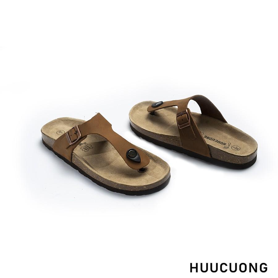 Dép unisex HuuCuong kẹp ngón da bò nâu đế trấu