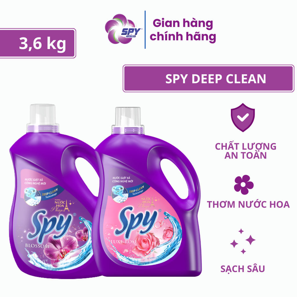 Can nước giặt xả SPY Deep Clean 3,6 kg hương hoa Hồng sạch sâu, thơm lâu giúp làm mềm vải