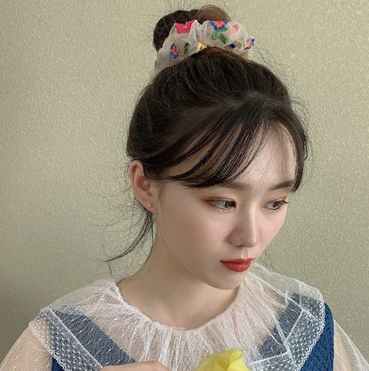 Dây buộc tóc thêu hoa ngũ sắc tinh tế vòng lớn Scrunchies