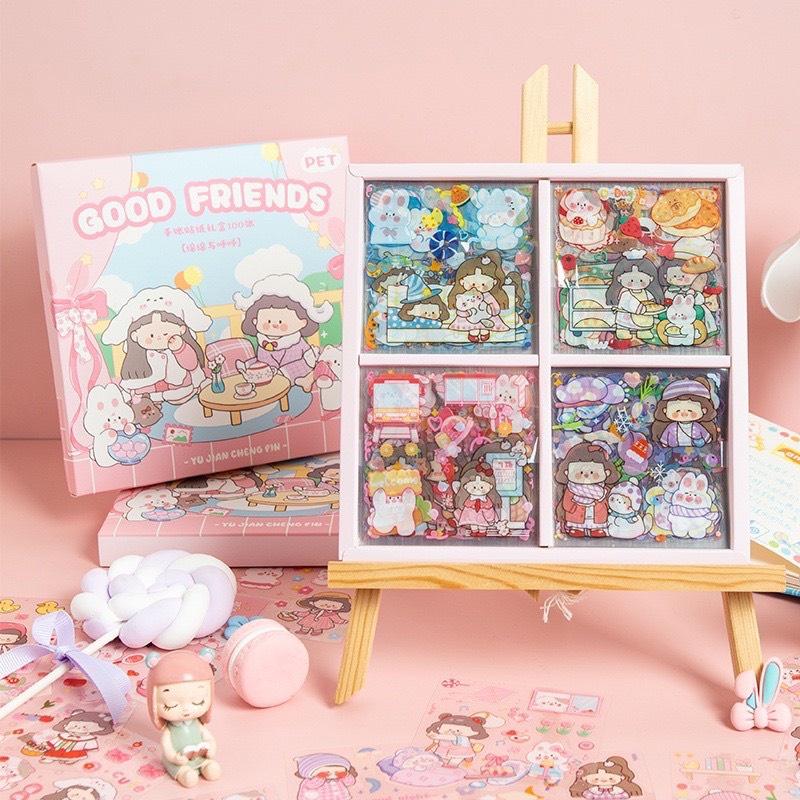 Sticker 100 Tấm Hộp Quà Tặng 100 Tấm Dán Hoạt Hình Trang Trí Sổ Lưu Niệm Dễ Thương Hộp Game time