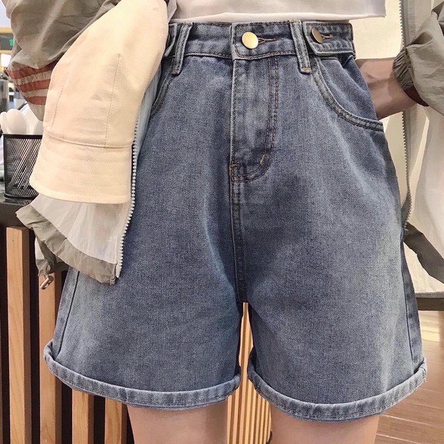 Quần Short Jeans Lưng Cao Ống Rộng Phối 2 Nút - 0051