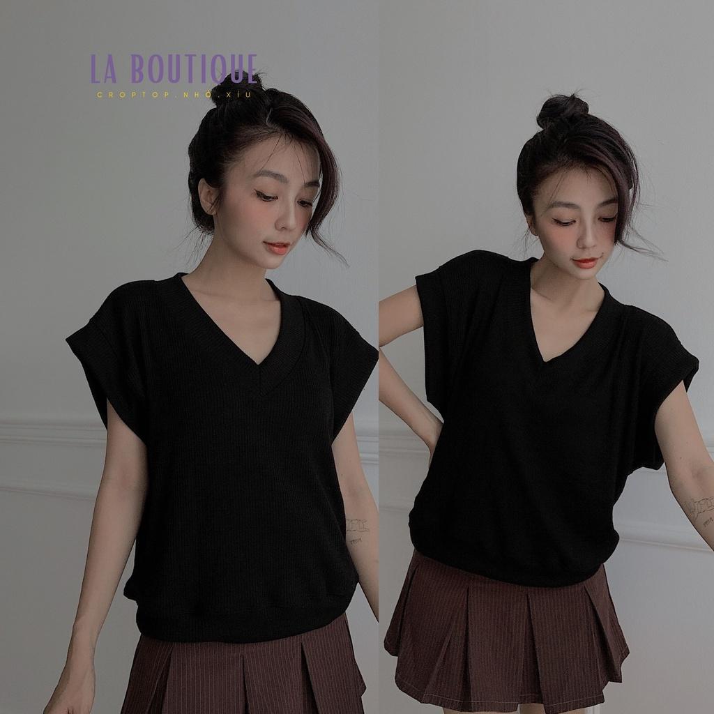 Áo gile form rộng cổ tim La Boutique len gân ấm áp