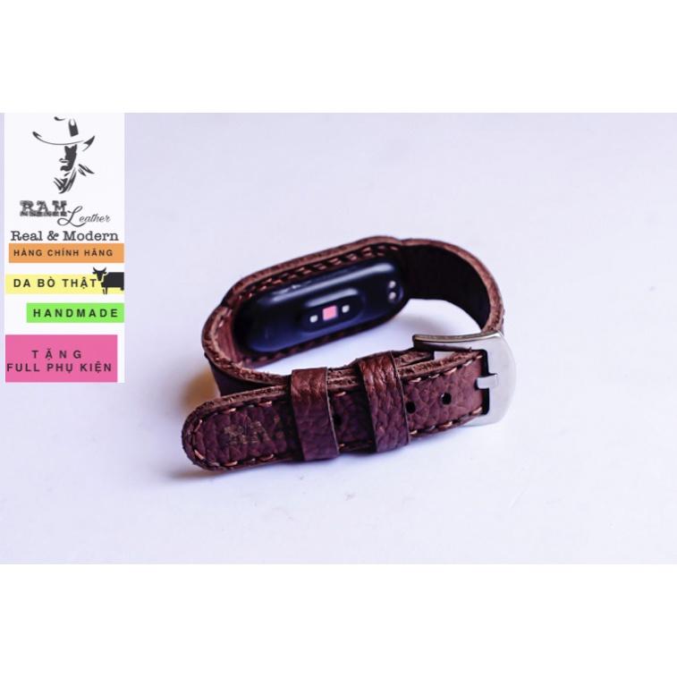 Dây miband da bò thật vân hạt handmade bền chắc cao cấp cho miband 3 , miband 4 , miband 5, miband 6 - RAM