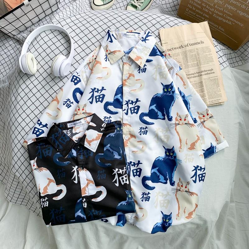 Áo Sơ Mi Nam Tay Ngắn Dáng Rộng In Hình Mèo Thời Trang