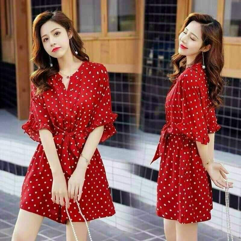 JUMPSUIT CHẤM BI THẮT NƠ TAY LOE