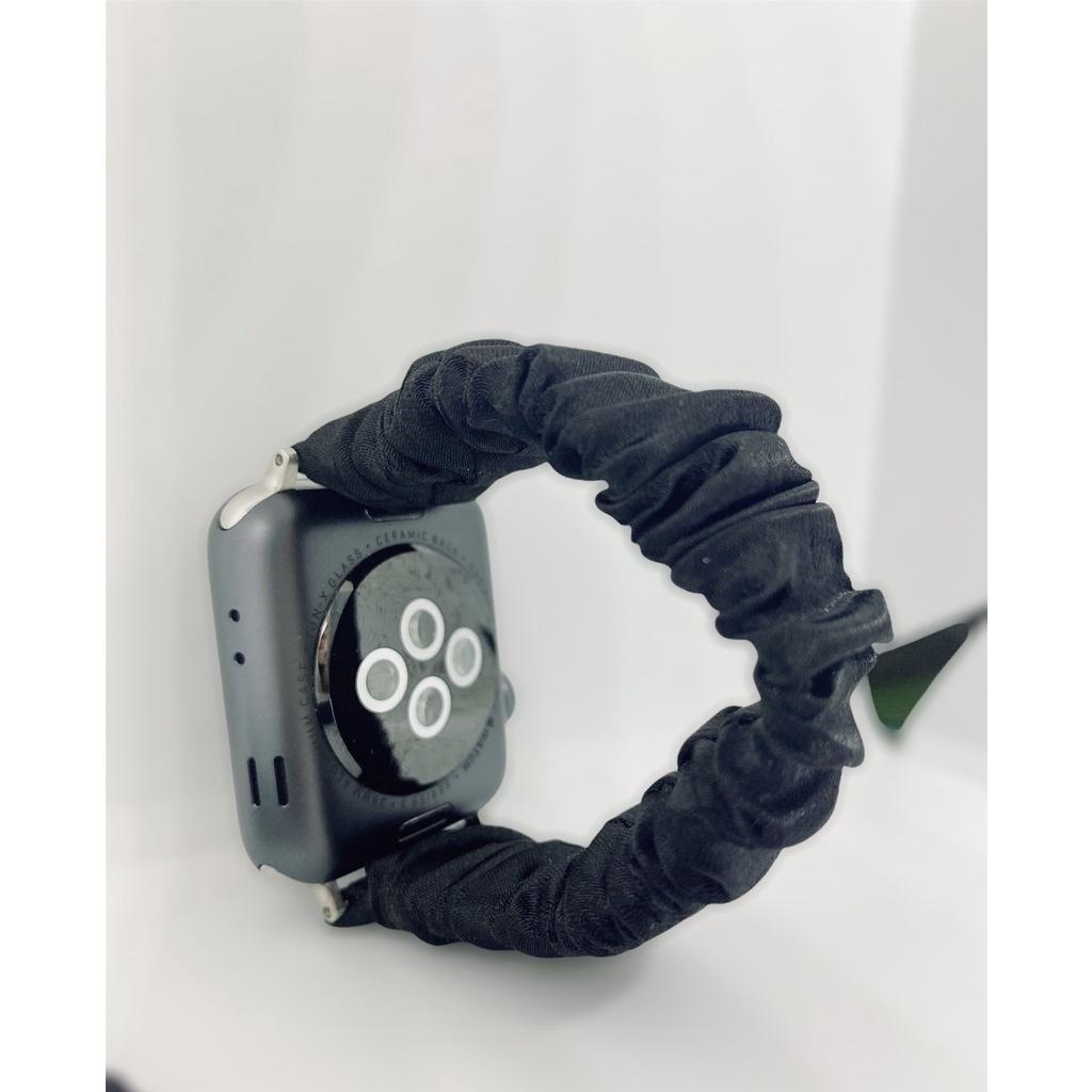Combo dây đồng hồ apple watch và scrunchies dây cột tóc, buộc tóc vải satin lụa ĐEN
