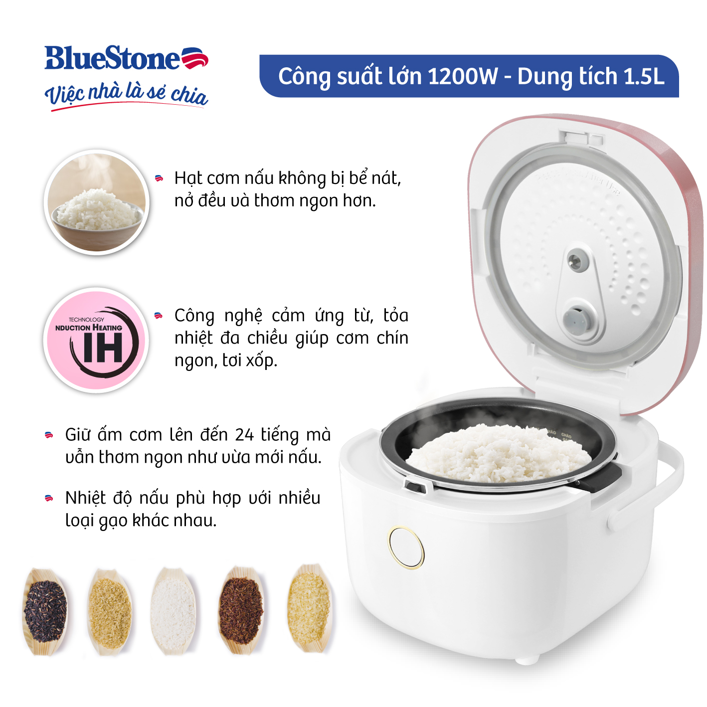 Nồi Cơm Điện Tử Cao Tần BlueStone RCB-5960 - 1,5 lít - 1200W - Bảo hành 2 năm - Hàng chính hãng