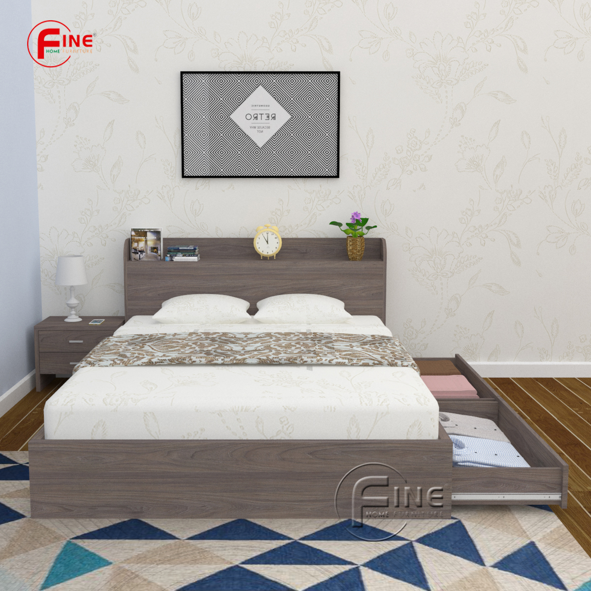 Giường Hộp Cao Cấp Có 2 Hộc Kéo FINE FG176 Kích thước 1m6 Thiết kế sang trọng hiện đại
