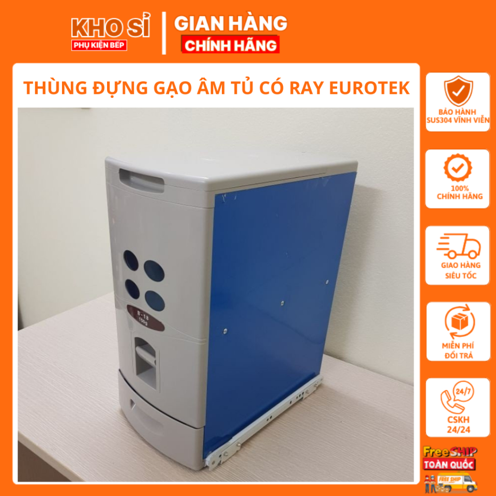 Thùng Đựng Gạo Âm Tủ Có Ray Eurotek Chất Liệu Nhựa Abs Không Độc Hại 45x30x55 (cm)