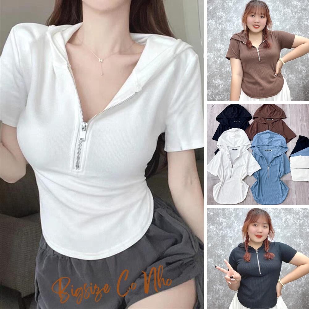 Áo thun tay ngắn croptop bigsize khóa kéo có nón lai bầu chất gân tăm co giãn phom rộng 60-95kg G32 - Đen