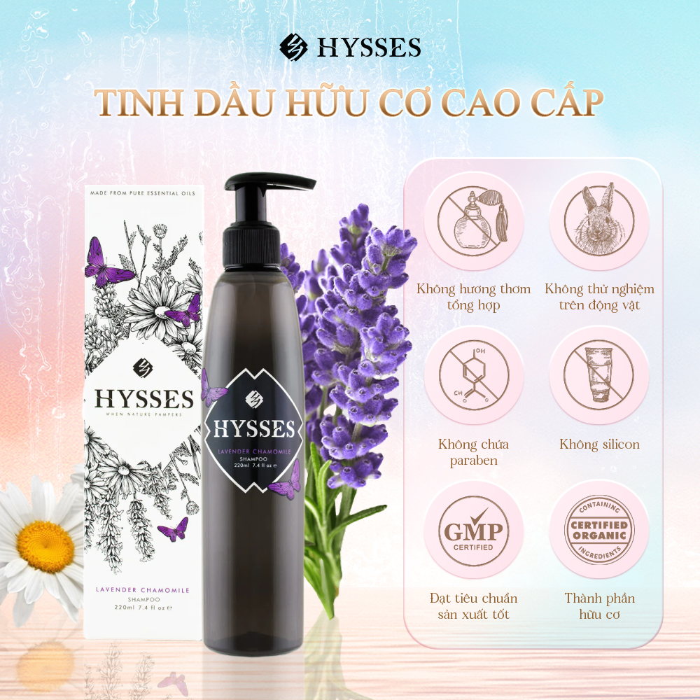 Dầu Gội Tinh Dầu Cao Cấp Hysses Giúp Bảo Vệ, Thanh Lọc, Phục Hồi Và Giữ Độ Ẩm Cho Da Đầu Nhạy Cảm Với Cúc La Mã và Oải Hương Hữu Cơ Tự Nhiên