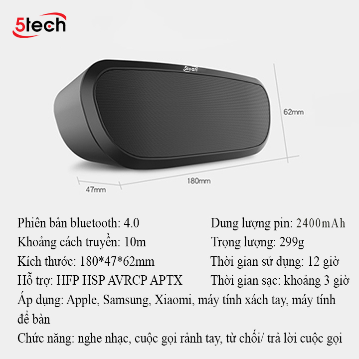 Loa bluetooth 5Tech BS1 hàng chính hãng nghe nhạc không dây âm thanh siêu trầm tương thích hầu hết các thiết bị điện thoại máy tính laptop