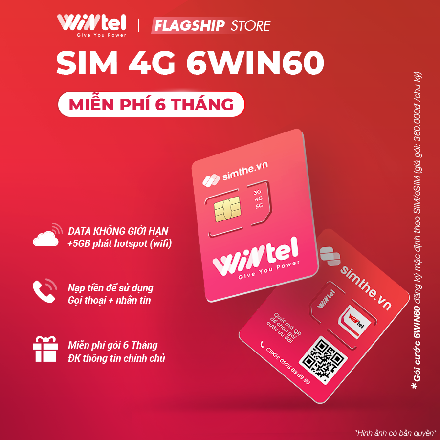 SIM WINTEL 6WIN60 - Max Data 4G TỐC ĐỘ CAO KHÔNG GIỚI HẠN. Trọn Gói 6 Tháng Không Cần Nạp Tiền - Dùng Sóng Của VinaPhone. Được Bán Tại SimTheVN - Hàng Chính Hãng