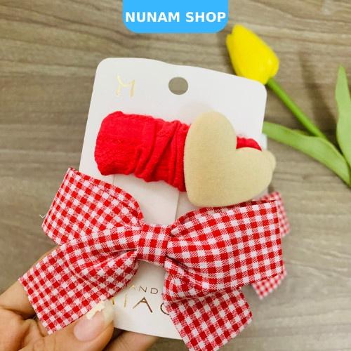 Set 2 kẹp tóc nhún tim và nơ caro màu đỏ cực xinh phong cách hàn quốc Nunam shop