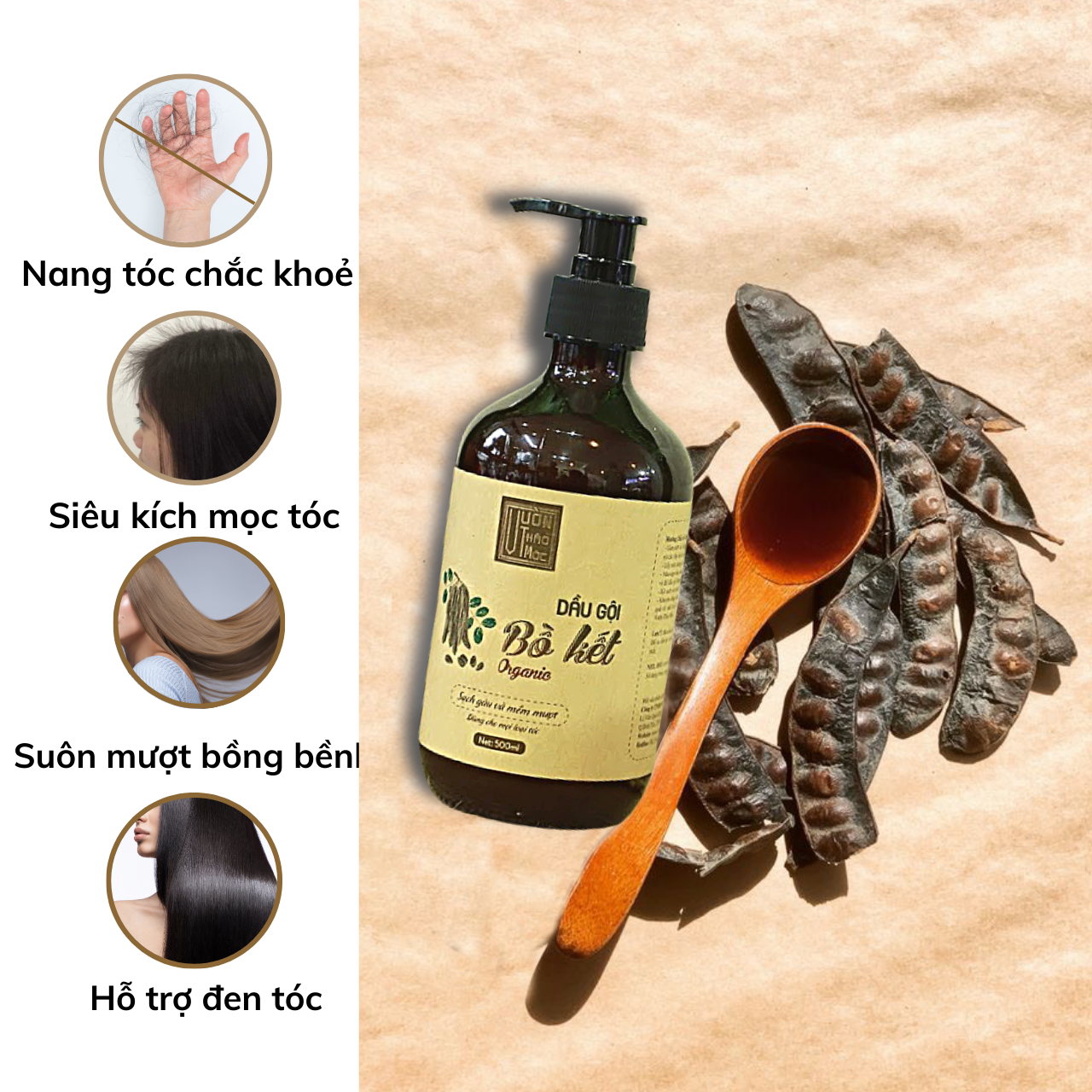 Dầu Gội Bồ Kết VƯỜN THẢO MỘC ORGANIC Cho Mái Tóc Chắc Khỏe Hương Thơm Mát Tự Nhiên Chai Vừa 300ml/500ml
