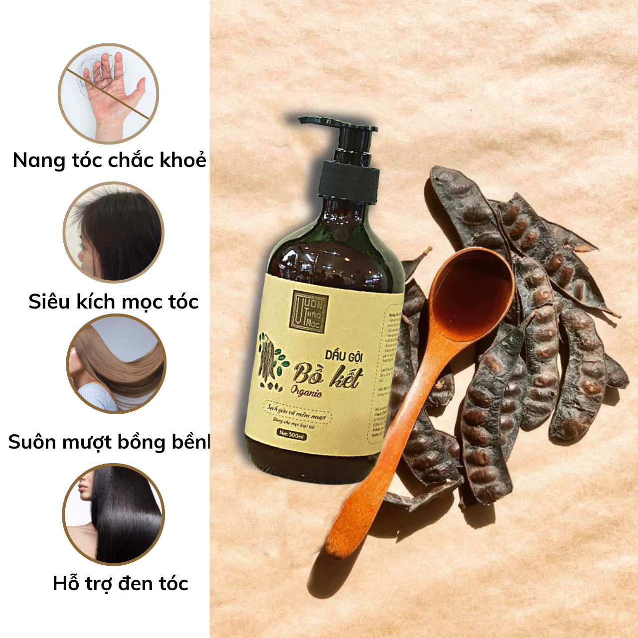 Dầu Gội Bồ Kết VƯỜN THẢO MỘC ORGANIC Cho Mái Tóc Chắc Khỏe Hương Thơm Mát Tự Nhiên Chai Vừa 300ml/500ml