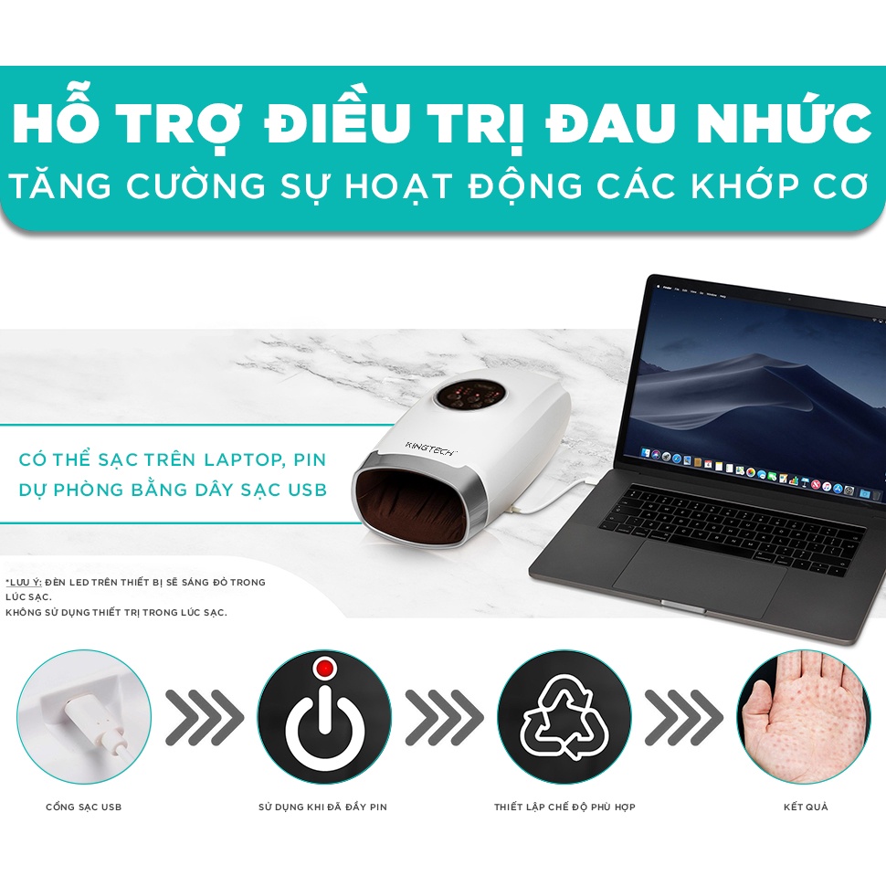 Máy Massage Tay Cao Cấp KingTech -  Mát xa Trị Liệu Không Dây Tích Hợp Nhiệt, Lực Nén Túi Khí 6 Cấp Độ - Giúp Thư Giãn, Giảm Mỏi Khớp Ngón, Lòng Bàn Tay, - Quà Tặng Cho Người Thân