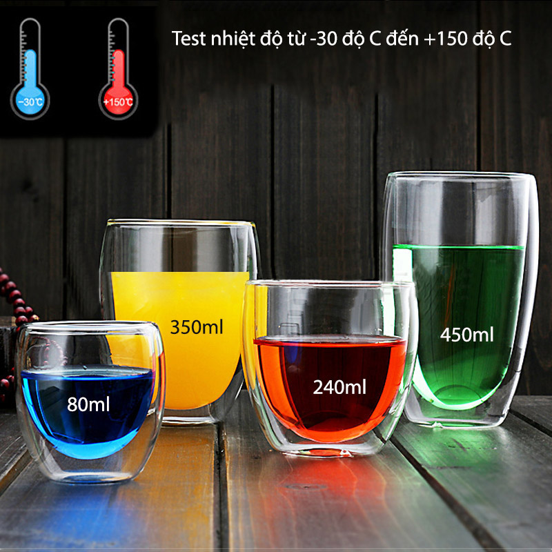 01 Cốc thủy tinh 2 lớp giữ nhiệt uống trà và cafe loại 80ml-240ml -350ml-450ml-650ml tùy chọn