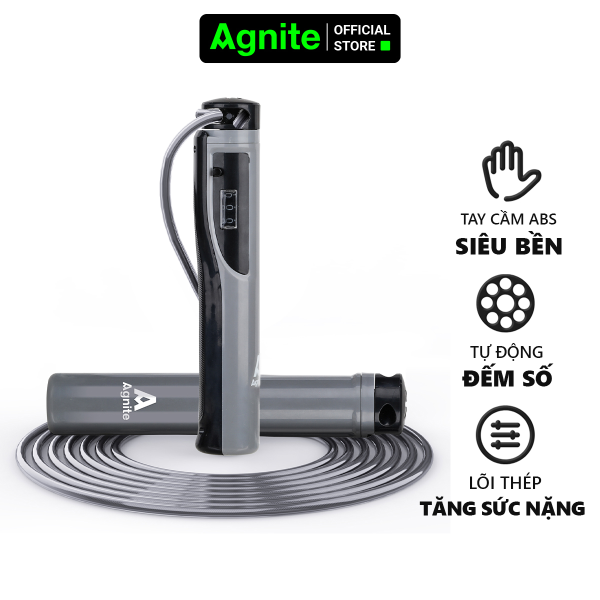 Dây Nhảy Thể Dục Lõi Thép, Dây Pvc Đếm Số Tự Động Agnite - Dây Nhảy Tại Nhà Hỗ Trợ Giảm Cân, Tập Luyện Tại Nhà, Boxing, Muaythai - Xám Lõi Thép Đếm Số