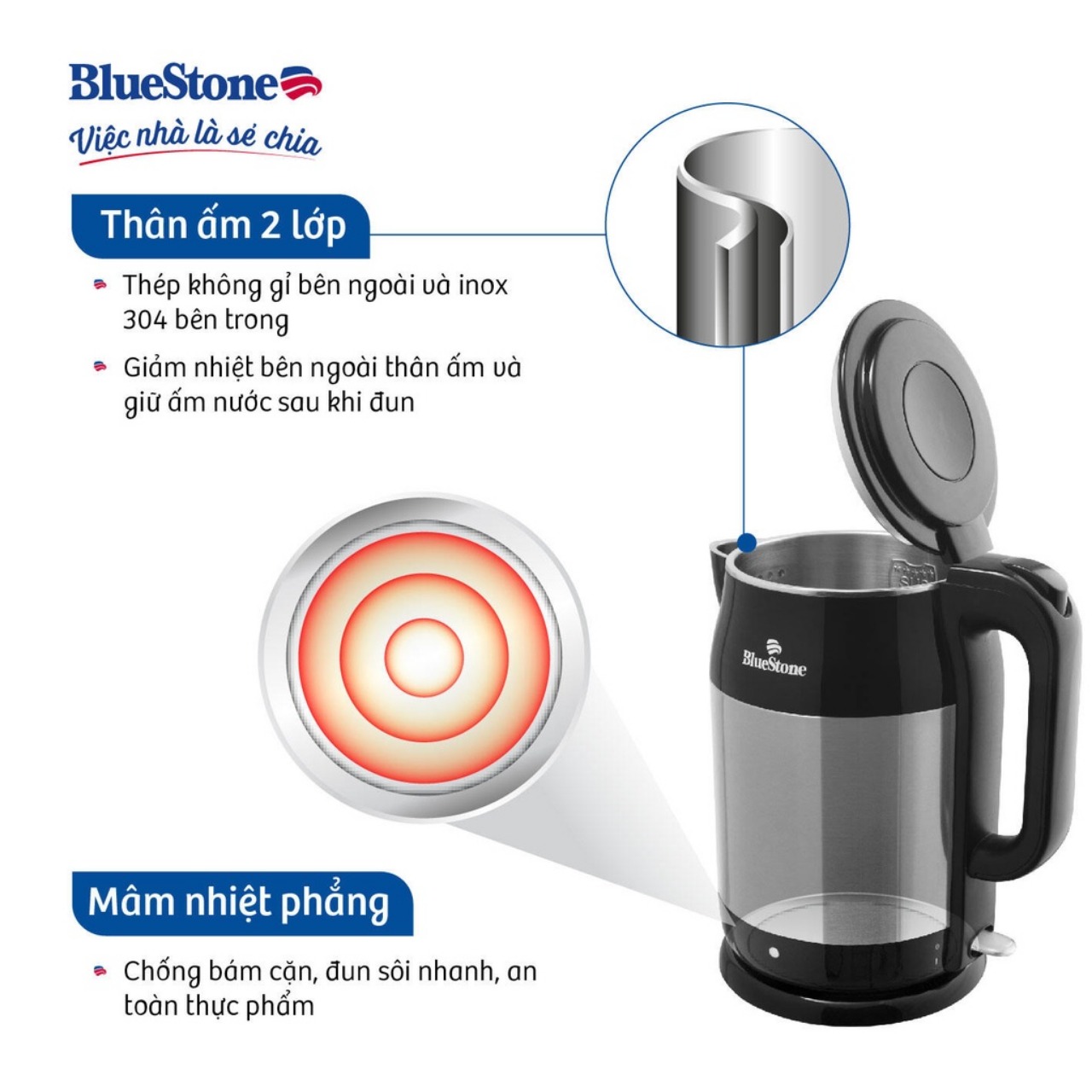 Ấm Đun Siêu Tốc BlueStone KTB-3468, 1.7Lit -1800w, 2 Lớp giữ nhiệt sang trọng, Hàng chính hãng