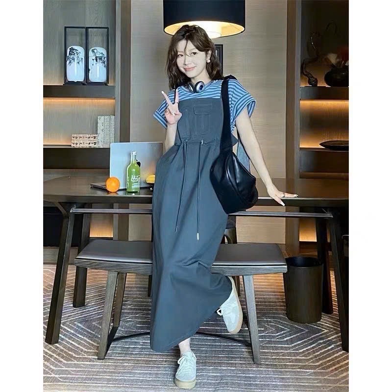 ĐẦM MIDI SUÔNG 2 DÂY YẾM DÀI TRƠN DÂY RÚT EO + ÁO THUN SỌC TAY NGẮN ĐI CHƠI ĐI BIỂN DẠO PHỐ ĐI HỌC LÀM CÔNG SỞ