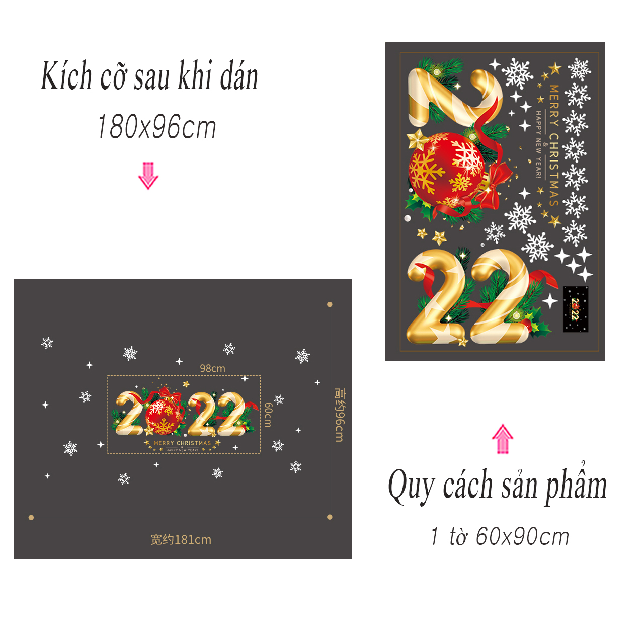 Decal dán tường trang trí Giáng Sinh- Chào năm 2022 nhiều may mắn-