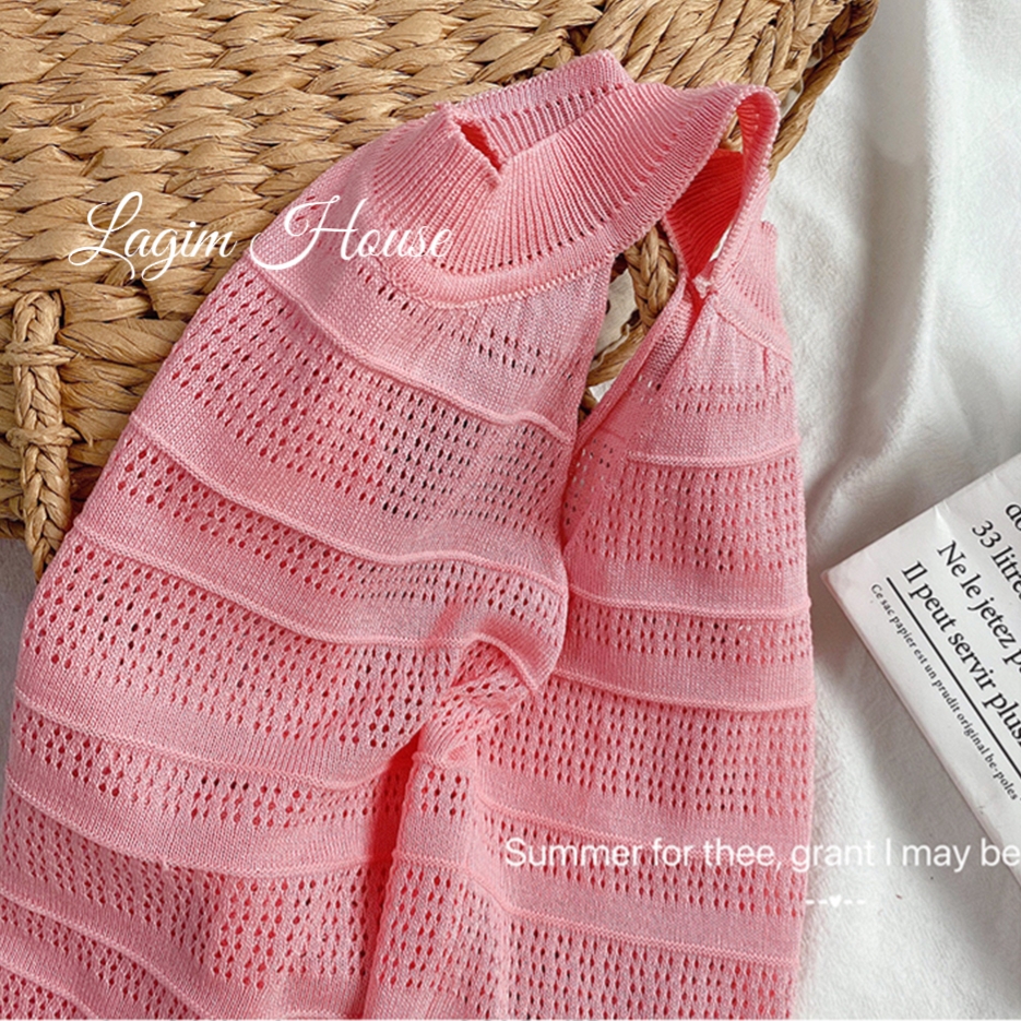 Áo thun ba lỗ cổ yếm mùa hè cho bé gái phong cách Hàn Quốc màu hồng ngọt ngào - Lagim House