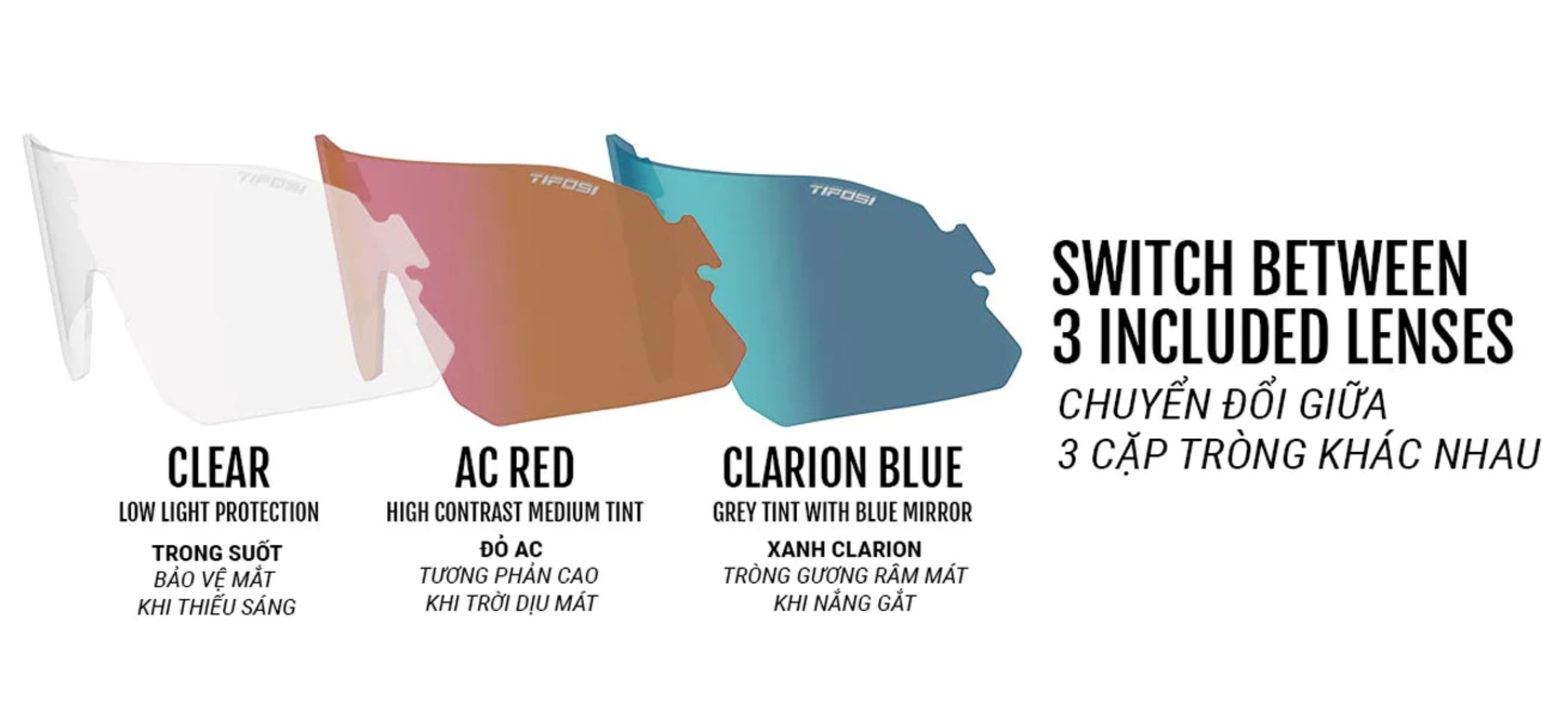 Kính thể thao chạy bộ TIFOSI RAIL CRYSTL SMOKE Tròng Clarion Blue, AC Red & Clear