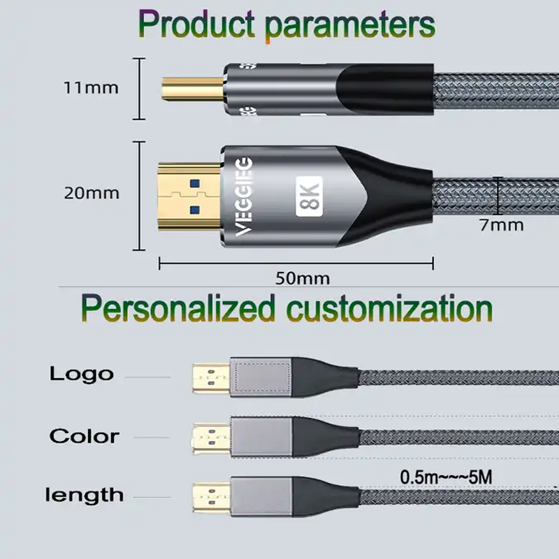 Dây HDMI 2.1 8K dài 1.5m 2M 3M 5M siêu tốc độ cao 8K/60Hz 4K/120Hz Veggieg Hàng Chính Hãng VH402