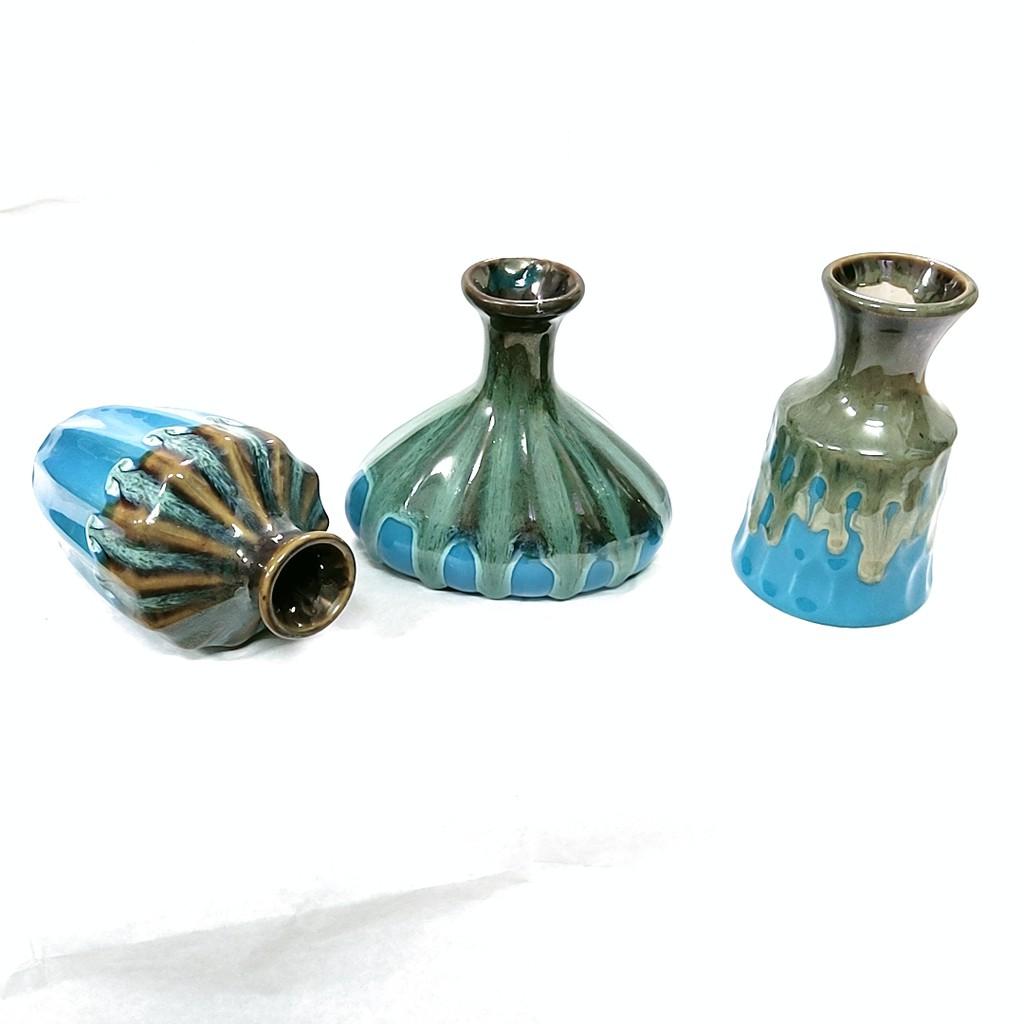Set bộ 3 bình gốm men hỏa biến kiểu rọc dưa, màu xanh navy